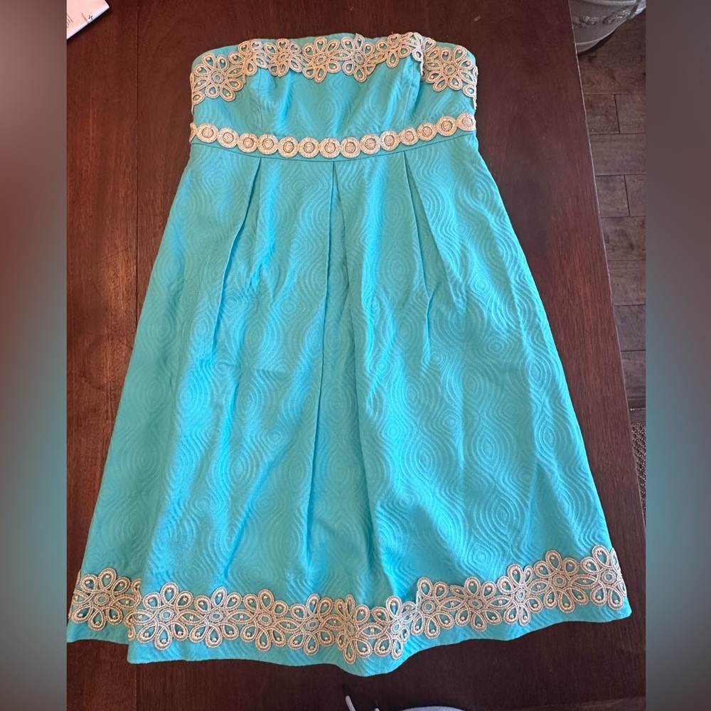 Vintage Lilly Pulitzer - Bright Blue Jacquard Strapless Dress w/ Gold Trim Sz 2